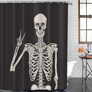 ArtSocket 4 Pcs Shower Curtain Set Human Skeleton Posing Over Skull Creative Vintage Black with Non-Slip Rugs Toilet Lid Cover and Bath Mat Bathroom Decor Set 72" x 72"
