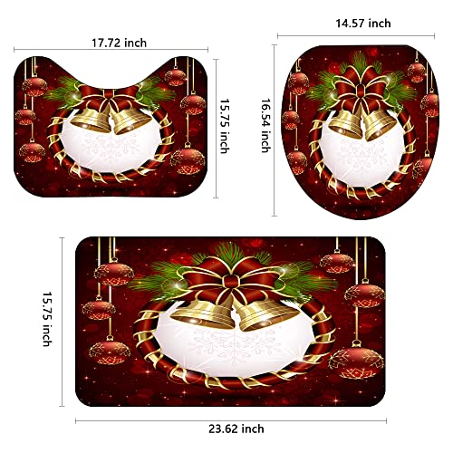 4 Pcs Christmas Bells Shower Curtain Sets with Non-Slip Rug, Toilet Lid Cover and Bath Mat Red Bows Snowflakes Shower Curtains with 12 Hooks Waterproof Decorative Bath Curtains-red