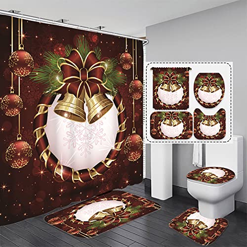 4 Pcs Christmas Bells Shower Curtain Sets with Non-Slip Rug, Toilet Lid Cover and Bath Mat Red Bows Snowflakes Shower Curtains with 12 Hooks Waterproof Decorative Bath Curtains-red