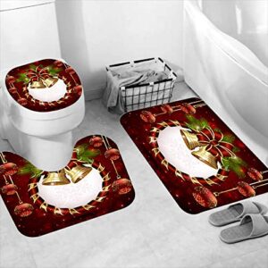 4 Pcs Christmas Bells Shower Curtain Sets with Non-Slip Rug, Toilet Lid Cover and Bath Mat Red Bows Snowflakes Shower Curtains with 12 Hooks Waterproof Decorative Bath Curtains-red