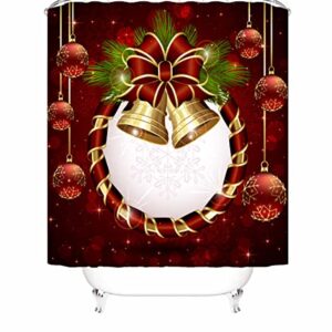 4 Pcs Christmas Bells Shower Curtain Sets with Non-Slip Rug, Toilet Lid Cover and Bath Mat Red Bows Snowflakes Shower Curtains with 12 Hooks Waterproof Decorative Bath Curtains-red