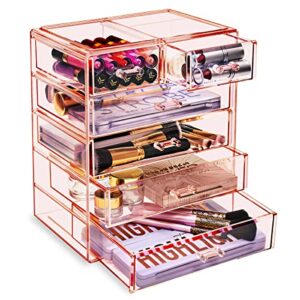 sorbus acrylic clear makeup organizer - big & spacious cosmetic display case - stylish designed jewelry & make up organizers and storage for vanity, bathroom (4 large, 2 small drawers) [pink]