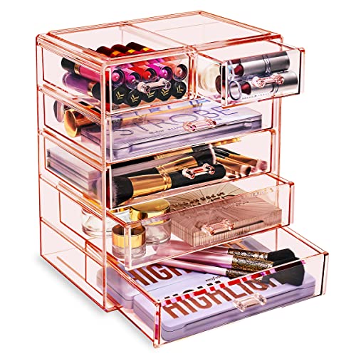 Sorbus Acrylic Clear Makeup Organizer - Big & Spacious Cosmetic Display Case - Stylish Designed Jewelry & Make Up Organizers and Storage for Vanity, Bathroom (4 Large, 2 Small Drawers) [Pink]