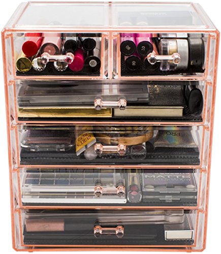 Sorbus Acrylic Clear Makeup Organizer - Big & Spacious Cosmetic Display Case - Stylish Designed Jewelry & Make Up Organizers and Storage for Vanity, Bathroom (4 Large, 2 Small Drawers) [Pink]