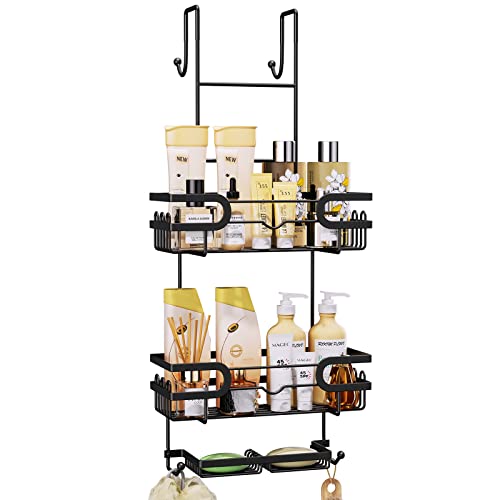 SWTYMIKI Over The Door Shower Caddy With Double Soap Holder, Stainless Steel Hanging Shower Organizer With 16 Hooks No Drilling Hanging Shower Caddy Over Door To Organize Bathroom Essentials, Black