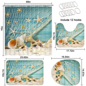 ASPMIZ 4 Pcs Seashell Starfish Shower Curtain Sets with Non-Slip Rug, Toilet Lid Cover and Bath Mat, Ocean Conch Nautical Shower Curtain with 12 Hooks, Waterproof Beach and Fishing Nets Bath Curtain