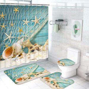 aspmiz 4 pcs seashell starfish shower curtain sets with non-slip rug, toilet lid cover and bath mat, ocean conch nautical shower curtain with 12 hooks, waterproof beach and fishing nets bath curtain