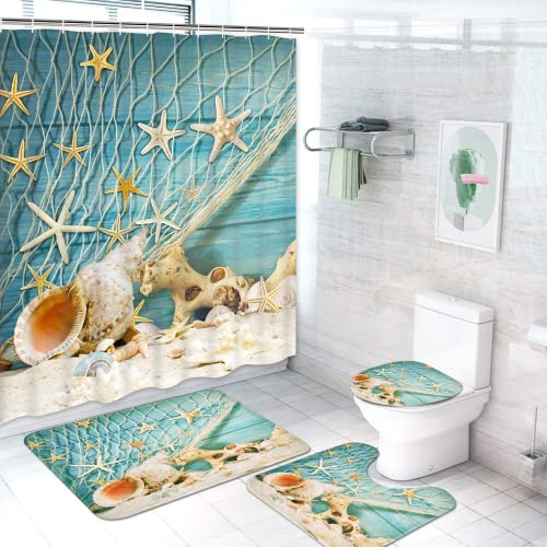 ASPMIZ 4 Pcs Seashell Starfish Shower Curtain Sets with Non-Slip Rug, Toilet Lid Cover and Bath Mat, Ocean Conch Nautical Shower Curtain with 12 Hooks, Waterproof Beach and Fishing Nets Bath Curtain