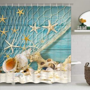 ASPMIZ 4 Pcs Seashell Starfish Shower Curtain Sets with Non-Slip Rug, Toilet Lid Cover and Bath Mat, Ocean Conch Nautical Shower Curtain with 12 Hooks, Waterproof Beach and Fishing Nets Bath Curtain