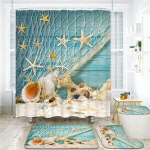 ASPMIZ 4 Pcs Seashell Starfish Shower Curtain Sets with Non-Slip Rug, Toilet Lid Cover and Bath Mat, Ocean Conch Nautical Shower Curtain with 12 Hooks, Waterproof Beach and Fishing Nets Bath Curtain