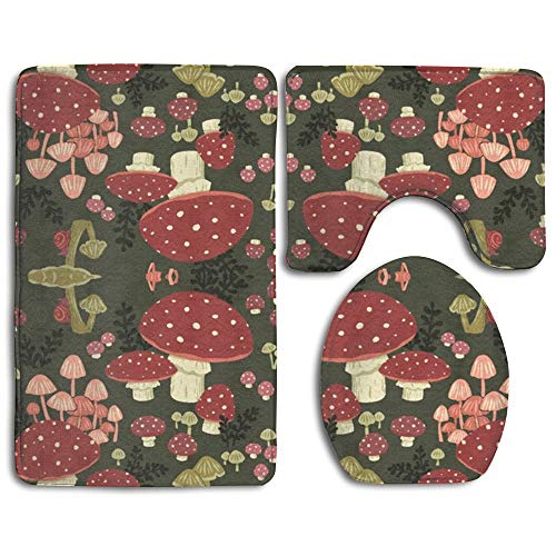 BeautyToiletLidCoverABC Mushrooms Bath Mat Set,3 Piece Bathroom Mats Set Non-Slip Bathroom Rugs/Contour Mat/Toilet Cover