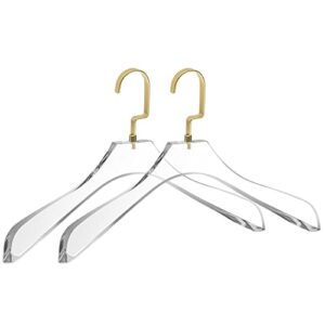 quality clear lucite acrylic heavy duty coat suit hangers – 2 pack, curved stylish clothes hanger with wide matte gold hooks - coat hanger for dress, suit - closet organizer adult hangers