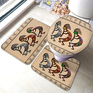 wondertify kokopelli bathroom antiskid pad stylized mythical characters playing flutes 3 pieces bathroom rugs set, bath mat+contour+toilet lid cover