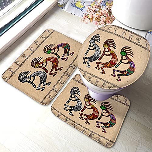 WONDERTIFY Kokopelli Bathroom Antiskid Pad Stylized Mythical Characters Playing Flutes 3 Pieces Bathroom Rugs Set, Bath Mat+Contour+Toilet Lid Cover