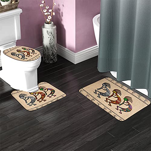 WONDERTIFY Kokopelli Bathroom Antiskid Pad Stylized Mythical Characters Playing Flutes 3 Pieces Bathroom Rugs Set, Bath Mat+Contour+Toilet Lid Cover