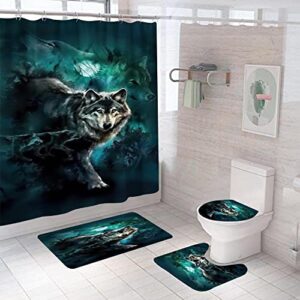 starblue-hgs moonlit night wolf shower curtain set with non-slip rugs, toilet lid cover and bath mat accessories with hook bathroom decor
