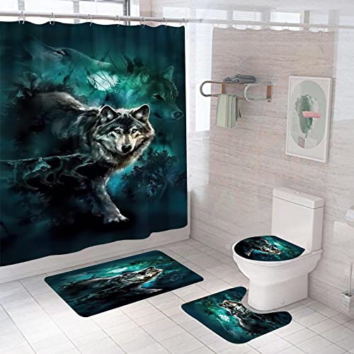 StarBlue-HGS Moonlit Night Wolf Shower Curtain Set with Non-Slip Rugs, Toilet Lid Cover and Bath Mat Accessories with Hook Bathroom Decor