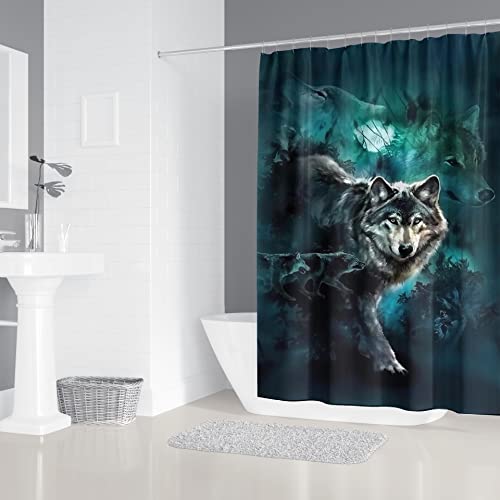 StarBlue-HGS Moonlit Night Wolf Shower Curtain Set with Non-Slip Rugs, Toilet Lid Cover and Bath Mat Accessories with Hook Bathroom Decor