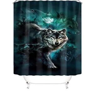 StarBlue-HGS Moonlit Night Wolf Shower Curtain Set with Non-Slip Rugs, Toilet Lid Cover and Bath Mat Accessories with Hook Bathroom Decor