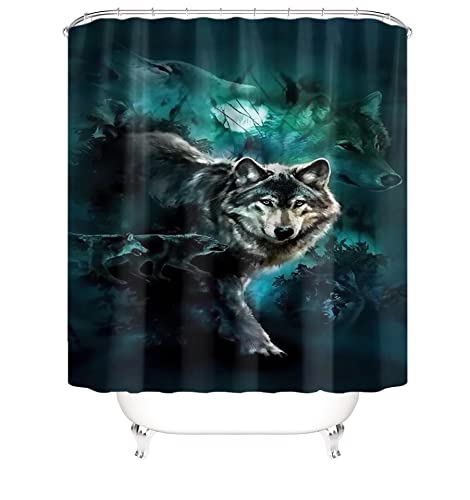 StarBlue-HGS Moonlit Night Wolf Shower Curtain Set with Non-Slip Rugs, Toilet Lid Cover and Bath Mat Accessories with Hook Bathroom Decor