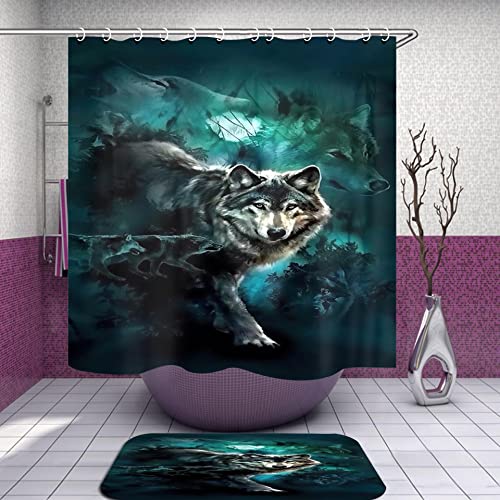 StarBlue-HGS Moonlit Night Wolf Shower Curtain Set with Non-Slip Rugs, Toilet Lid Cover and Bath Mat Accessories with Hook Bathroom Decor