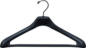 oversized matte black plastic suit hanger with bar and wide shoulder in 19" length x 1.5" thick with contoured body and chrome hardware, box of 12