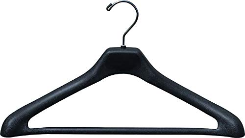 Oversized Matte Black Plastic Suit Hanger with Bar and Wide Shoulder in 19" Length X 1.5" Thick with Contoured Body and Chrome Hardware, Box of 12