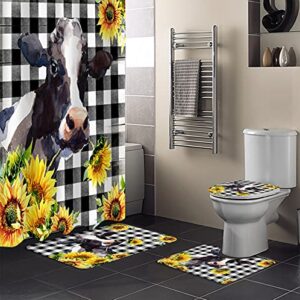 fangship 4 piece shower curtain sets farm cow and sunflower black and white buffalo plaid include non-slip rug,toilet lid cover,bath mat and hooks durable waterproof shower curtain set for bathroom