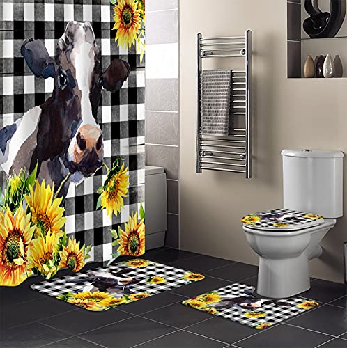 Fangship 4 Piece Shower Curtain Sets Farm Cow and Sunflower Black and White Buffalo Plaid Include Non-Slip Rug,Toilet Lid Cover,Bath Mat and Hooks Durable Waterproof Shower Curtain Set for Bathroom