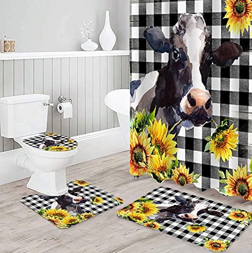 Fangship 4 Piece Shower Curtain Sets Farm Cow and Sunflower Black and White Buffalo Plaid Include Non-Slip Rug,Toilet Lid Cover,Bath Mat and Hooks Durable Waterproof Shower Curtain Set for Bathroom