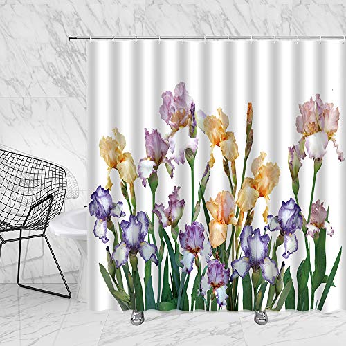 BOYIAN Flower Shower Curtain German Iris Floral Decor Spring Nature Theme Green Leaves Purple Fabric Bath Curtains Bathroom Accessories Polyester with Plastic Hooks 70x70 Inch