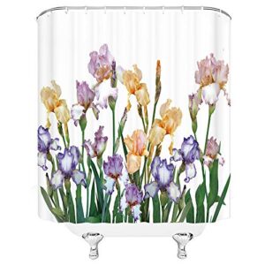 BOYIAN Flower Shower Curtain German Iris Floral Decor Spring Nature Theme Green Leaves Purple Fabric Bath Curtains Bathroom Accessories Polyester with Plastic Hooks 70x70 Inch