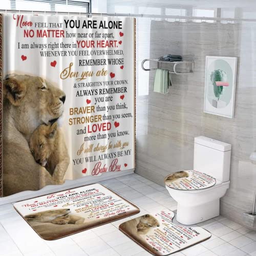 jieprom 4PCS to My Son Shower Curtain Set with Non-Slip Rugs, Toilet Lid Cover and Bath Mat, Inspirational Quotes Shower Curtain with 12 Hooks, Durable Waterproof Bathroom Decor Set