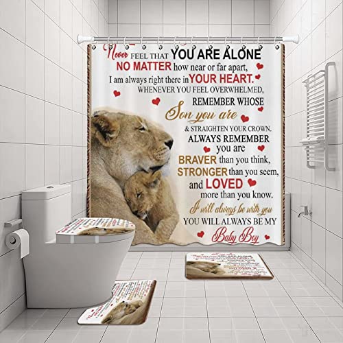 jieprom 4PCS to My Son Shower Curtain Set with Non-Slip Rugs, Toilet Lid Cover and Bath Mat, Inspirational Quotes Shower Curtain with 12 Hooks, Durable Waterproof Bathroom Decor Set