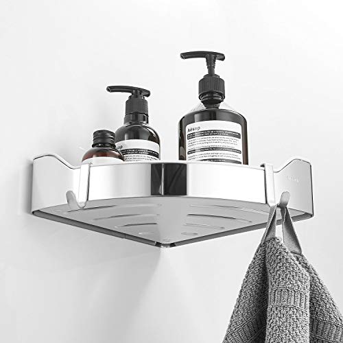 Corner Shower Caddy, Wall-Mounted Bathroom Corner Shelf with 2 Hook, Polished Chrome