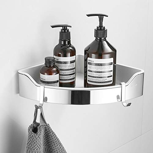 Corner Shower Caddy, Wall-Mounted Bathroom Corner Shelf with 2 Hook, Polished Chrome