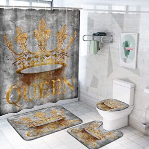 duobaorom 4 pieces set queen shower curtain set abstract golden crown with letter queen grey artwork on non-slip rugs toilet lid cover bath mat and bathroom curtain with 12 hooks 72x72inch