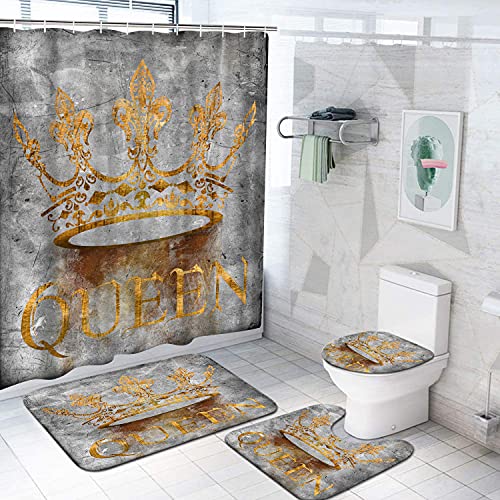 DuoBaorom 4 Pieces Set Queen Shower Curtain Set Abstract Golden Crown with Letter Queen Grey Artwork on Non-Slip Rugs Toilet Lid Cover Bath Mat and Bathroom Curtain with 12 Hooks 72x72inch