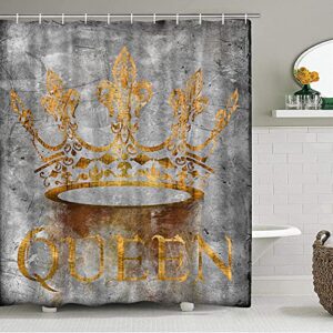 DuoBaorom 4 Pieces Set Queen Shower Curtain Set Abstract Golden Crown with Letter Queen Grey Artwork on Non-Slip Rugs Toilet Lid Cover Bath Mat and Bathroom Curtain with 12 Hooks 72x72inch