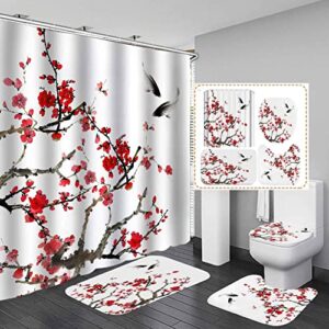 dia magico 4pcs cherry blossom shower curtain set, japanese sakura plum blossom red flower floral branch carp koi fish asian bathroom decor, waterproof fabric white shower curtain, non-slip bath mat