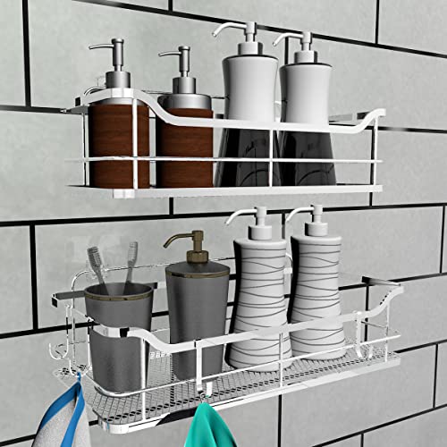 MUOARD 2-Pack Adhesive Shower Caddy Shelf, No Drilling Adhesive Wall Mounted Bathroom Storage Shampoo Holder Organizer, Kitchen Shelf Rack, Stainless Steel SUS304 (Silver)