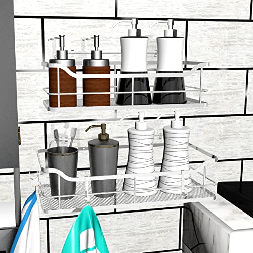 MUOARD 2-Pack Adhesive Shower Caddy Shelf, No Drilling Adhesive Wall Mounted Bathroom Storage Shampoo Holder Organizer, Kitchen Shelf Rack, Stainless Steel SUS304 (Silver)