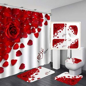 forart 4 pcs rose flower shower curtain sets, valentine's day decor with non-slip rugs, toilet lid cover and bath mat, rose curtain bathroom accessories set (ship from usa)