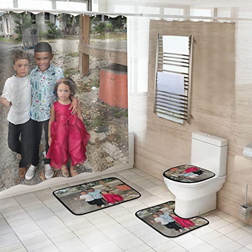 Custom Shower Curtain Set with Rugs,Custom Bathroom Shower Curtain Set 4 Piece Memory Foam Toilet Lid Cover Non-Slip Bath Mat Waterproof Shower Curtain with 12 Hooks for Bathroom 66" x 72"