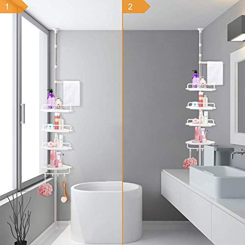 Ejoyous Tension Corner Shower Caddy, 4 Tier Height Adjustable Bathroom Corner Shower Rack Organizer Telescopic Rustproof Shower Caddy Pole for Storing Shampoo, Conditioner, Soap - White