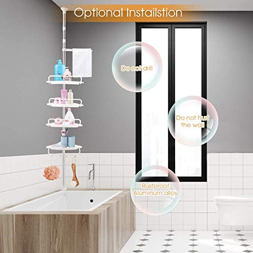 Ejoyous Tension Corner Shower Caddy, 4 Tier Height Adjustable Bathroom Corner Shower Rack Organizer Telescopic Rustproof Shower Caddy Pole for Storing Shampoo, Conditioner, Soap - White