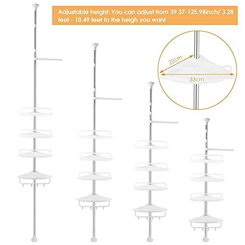 Ejoyous Tension Corner Shower Caddy, 4 Tier Height Adjustable Bathroom Corner Shower Rack Organizer Telescopic Rustproof Shower Caddy Pole for Storing Shampoo, Conditioner, Soap - White