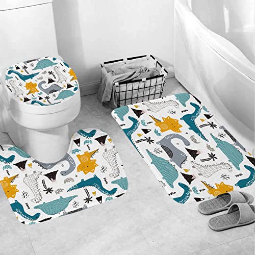 GRIEKOWE Cartoon Dinosaur Shower Curtain Sets, 4 Pcs Boys Cute Kids Funny Animal Graffiti Dino Multi Color Children Fabric Waterproof Home Bed, Shower Curtains with 12 Hooks Included(72X72in)