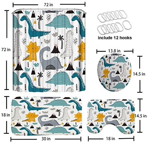 GRIEKOWE Cartoon Dinosaur Shower Curtain Sets, 4 Pcs Boys Cute Kids Funny Animal Graffiti Dino Multi Color Children Fabric Waterproof Home Bed, Shower Curtains with 12 Hooks Included(72X72in)