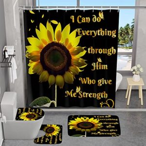 izayoi 4pcs sunflower shower curtain sets butterfly yellow flower bathroom sets with non-slip rug, toilet lid cover and bath mat waterproof shower curtains for bathroom decor with 12 hooks